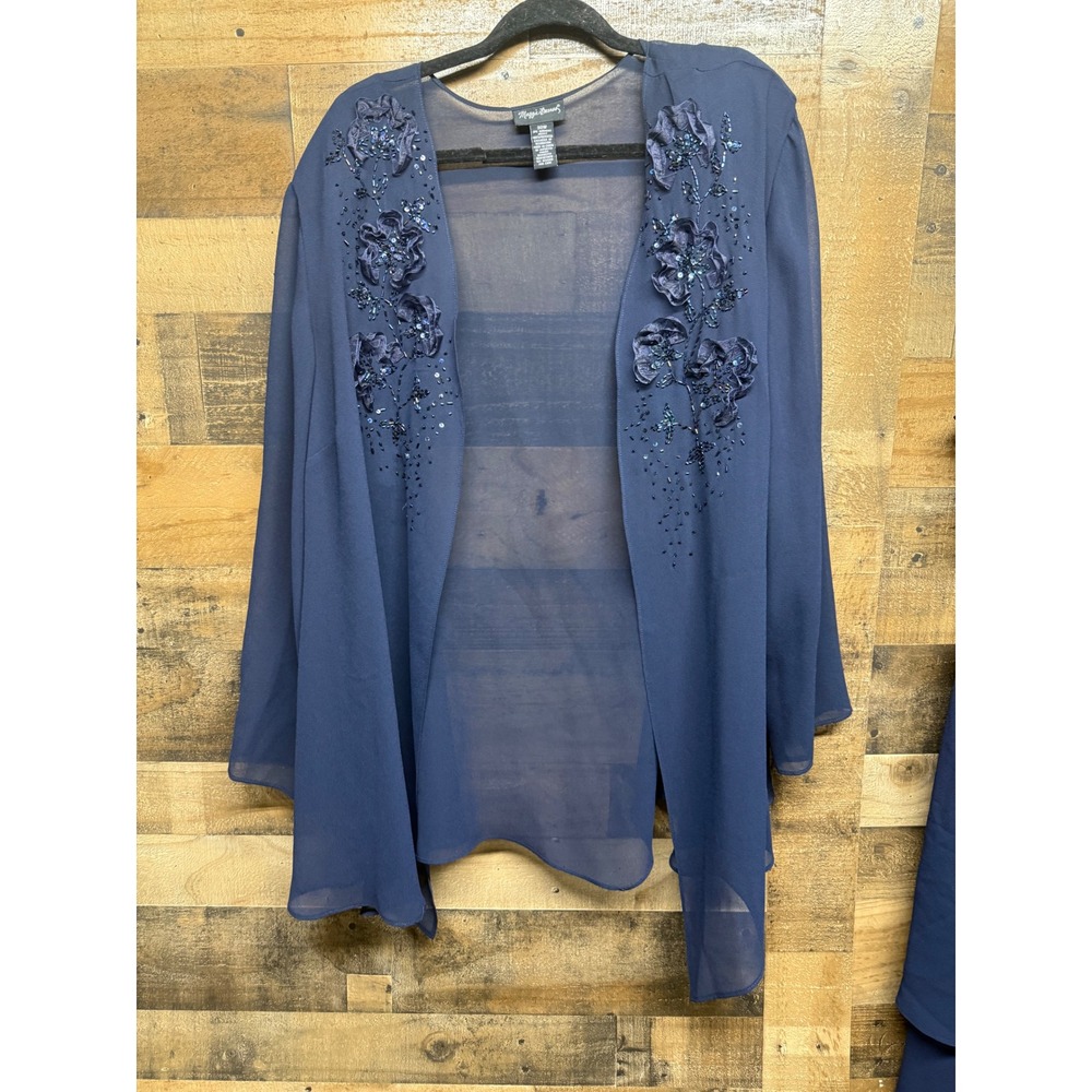Maggie Barnes Navy Blue 2 Piece Dress Set Jacket Floral Beaded Plus Size 30W - Picture 6 of 8